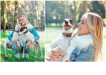 monochrome picture of beautiful lovely couple (woman and man) in jeans clothes kissing whippets...