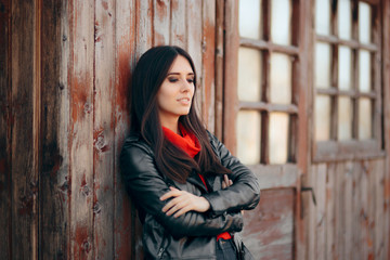 Cool Young Woman Outdoor Portrait Wearing Leather Jacket 