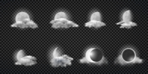 Night weather forecast realistic vector icons set. Lunar eclipse, moon calendar design elements collection. Young and full moon disks on clouds or fog illustrations isolated on transparent background © vectorpocket