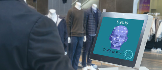 smart retail in futuristic iot technology  marketing concepts,customer use face recognite...