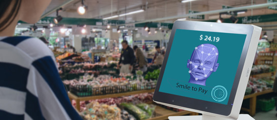 smart retail in futuristic iot technology  marketing concepts,customer use face recognite...