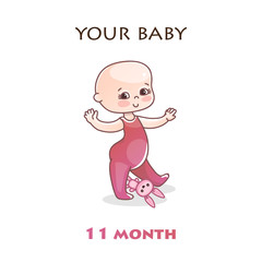 Monthly infant development. Stages of child development in the first year of life. Eleven month old baby learned to walk. Colorful vector Illustration isolated on white background