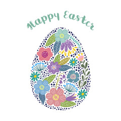Happy Easter. Cartoon cute egg with floral patterns isolated on a white background with text. Vector illustration