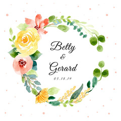 wedding badge with watercolor floral wreath