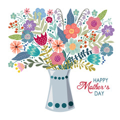 Happy mothers day, Floral hand draw design concept, Vase with Flowers on a white background, vector illustration