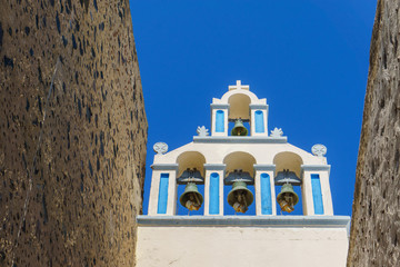 Beautiful White architecture Church on Santorini island, Greece.
