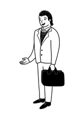 Smiling and chatting man. Business outlook. Black and white vector illustration