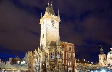 Fototapeta na wymiar Prague, Czech Republic, Stare Mesto town hall in the evening. Town hall was established in 1338, a century later the tower was placed the first chimes.