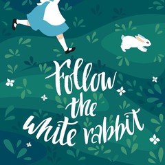 Follow the White Rabbit Vector Illustration. The Girl Runs After the Rabbit. Print for Easter Card, Posters and Banners.