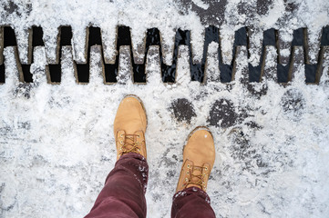 concept of choice and decision making, the person decides to step over a zigzag line of metal on a...