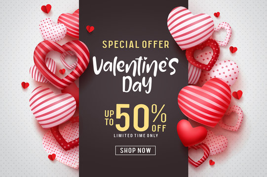 Valentines day vector promotional banner. Special offer text with red hearts elements in white background for valentines day discount promotion. Vector illustration.