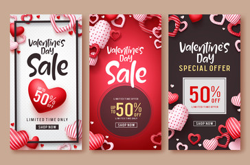 Valentines day sale vector poster template set. Valentines day sale text with hearts elements in red and white backgrounds for marketing discount promotions. Vector illustration.