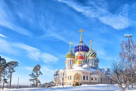 Moscow city historical skyline white winter wonderland street view of orthodox church with colorful dome and golden cross  cold season landscape background russian winter scene