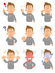 パーカーを着た若者の上半身　9種類のポーズと仕草
