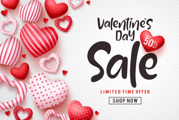 Fototapeta na wymiar Valentines day sale vector banner template. Valentines day sale discount text with hearts elements in white pattern background. Vector illustration.