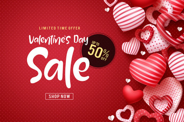 Valentines day sale vector banner design. Valentines day sale discount text with heart shapes elements in red pattern background. Vector illustration. - obrazy, fototapety, plakaty