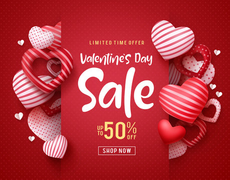 Valentines day sale vector banner. Sale discount text for valentines day shopping promotion with hearts elements in red background. Vector illustration.