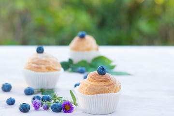 Fresh baked golden muffins with blue berries on rustic wooden background shot in natural light