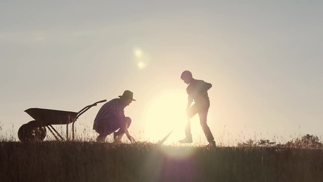Happy family father and son harvesting in the field at sunset