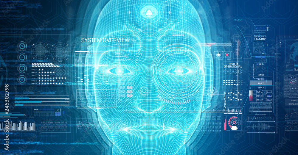 Fototapete robotic man cyborg face representing artificial intelligence 3d rendering