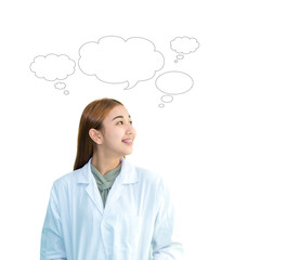 Medical doctor woman thinking and thoughful. Asian female health care medical professional in lab coat isolated on white background. copy space