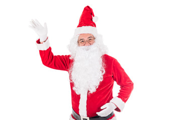 Closed up of Hand's Santa Claus carrying Gift Box to delivery christmas gifts isolated on white background . Christmas and happy new year festival concept .