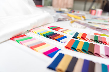 Closed up of Color samples palette of fabric for fashion designs and decoration ,selective focus