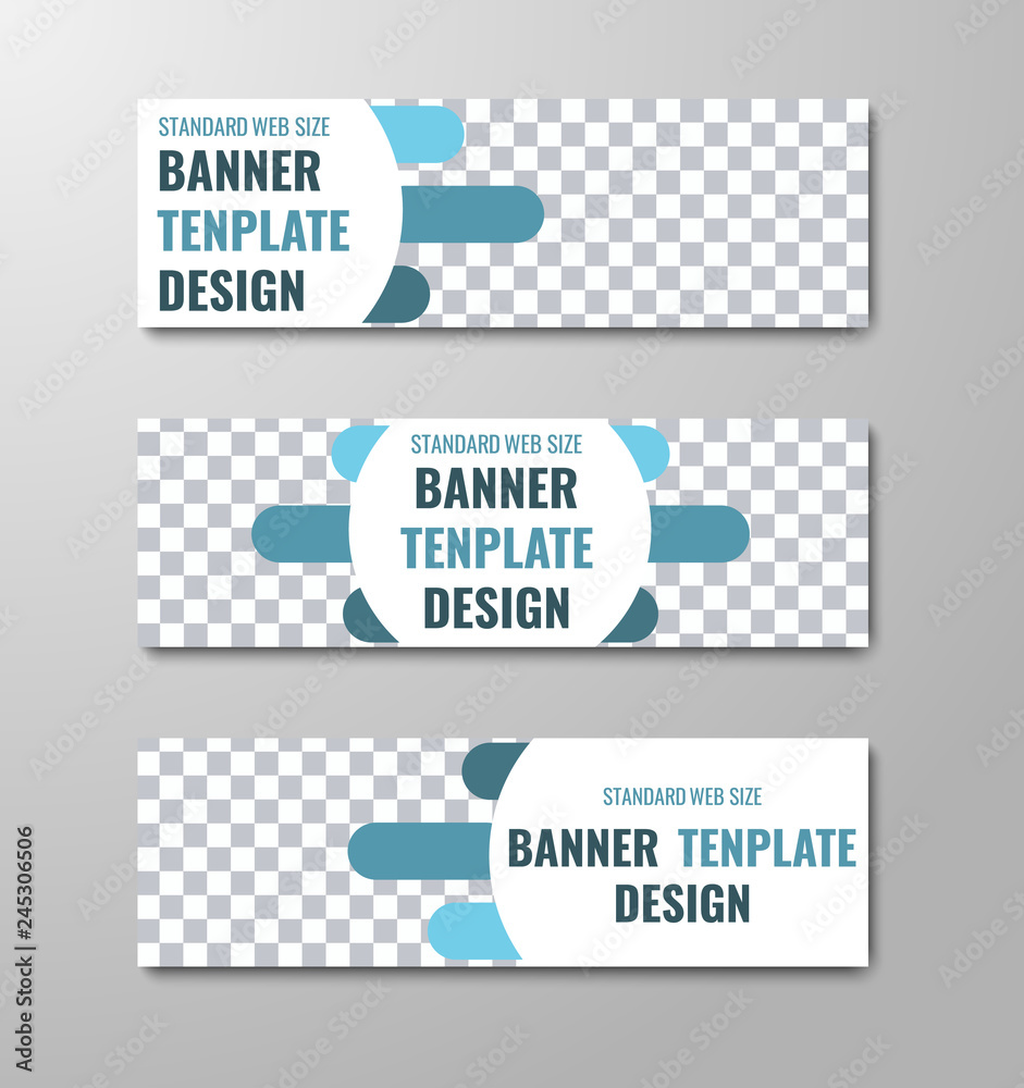 Poster white vector horizontal banner design with round white and blue elements and place for photo.