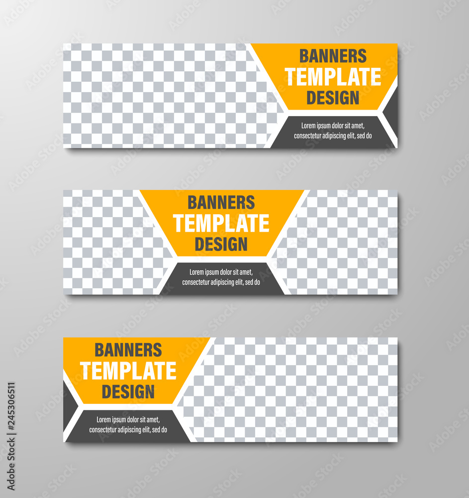 Poster Design of horizontal vector web banners with place for photo and dividing hexagon.