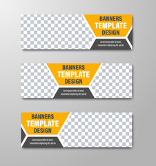 Design of horizontal vector web banners with place for photo and dividing hexagon.