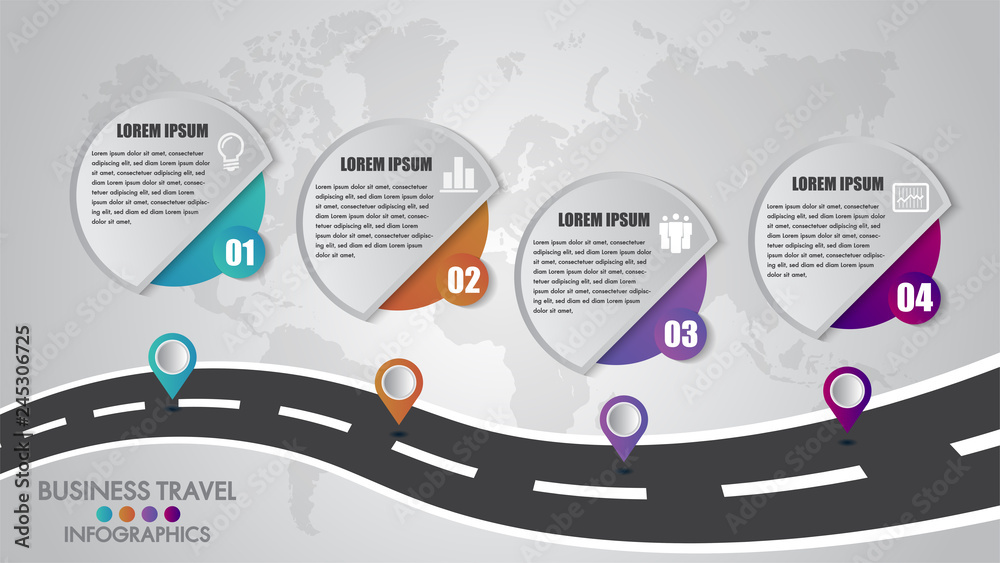 Poster timeline infographics template 4 options design with a road way and navigational pointers place for 