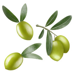 Set of beautiful green olives, isolated on white background
