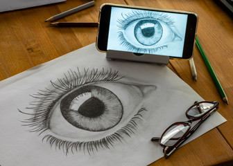 The artist have made the photo of his own of the woman's eye in grayscale to send it to his...