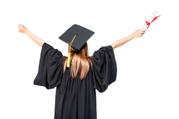 Back side body of Happiness Young asian woman student in her graduation gown and wearing graduation cap with certificate in hands . Isolated on white background