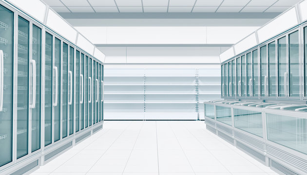 Refrigerated cabinets with glass doors in the supermarket. 3d illustration