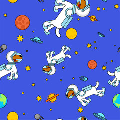 Dog astronaut space pattern seamless. Pet spaceman background. puppy cosmonaut costume. Universe textire