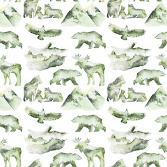 Watercolor seamless pattern double exposure. Handpainted watercolor forest animals pattern. Use for postcard, print, invitations, packaging etc. - 245309118
