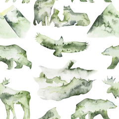 Watercolor seamless pattern double exposure. Handpainted watercolor forest animals pattern. Use for postcard, print, invitations, packaging etc. - 245309124