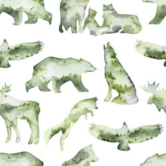 Watercolor seamless pattern double exposure. Handpainted watercolor forest animals pattern. Use for postcard, print, invitations, packaging etc. - 245309135
