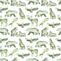 Watercolor seamless pattern double exposure. Handpainted watercolor forest animals pattern. Use for postcard, print, invitations, packaging etc. - 245309147