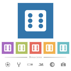 Dice six flat white icons in square backgrounds