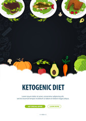 Ketogenic Diet banner, Healty Keto food. Low carbs ketogenic diet food. Vector Illustration
