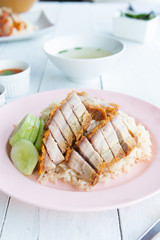 Hainanese rice with crispy pork , Thai gourmet steamed crispy pork rice