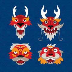 Set of Traditional Chinese Celebration Symbols Dragon and Lion. Stylized Illustration of Animal Heads.
