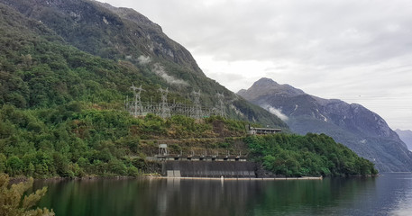 Manapouri Hydro Power Station at Manapouri Lake, New Zealand, South Island, NZ