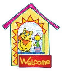 bright beautiful cat sitting on the windowsill with a flower. Multicolor toy house. Invitation Welcome