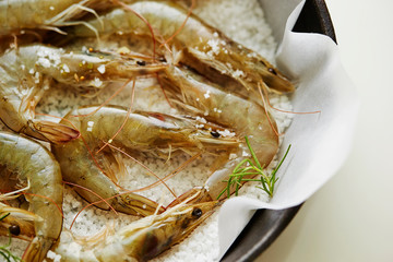Fresh shrimps in cooking pan 