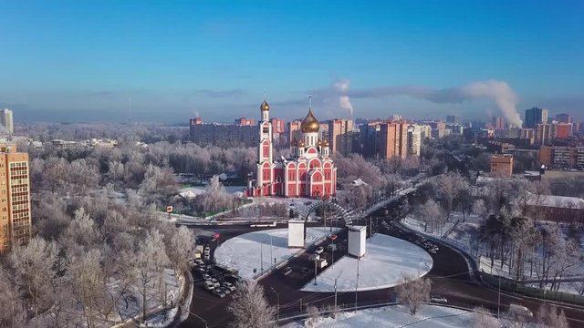 Odintsovo, Russia. Aerial winter cityscape. Text on arch means: Old road to Smolensk
