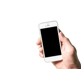 Closed up right hand holding  mobile smart phone/ cell phone with copy space ,blank screen for text and content isolated on white with clipping path