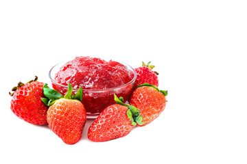 Freshness Various sweet red strawberries with jam strawberry isolated on white background,cut out